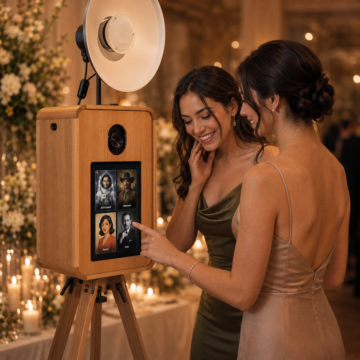 Guests choosing a portrait style on the booth front screen