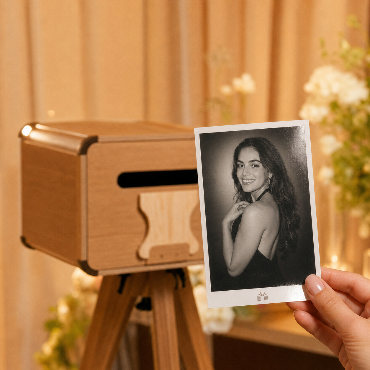 Guest holding a glossy 4 by 6 AI portrait print