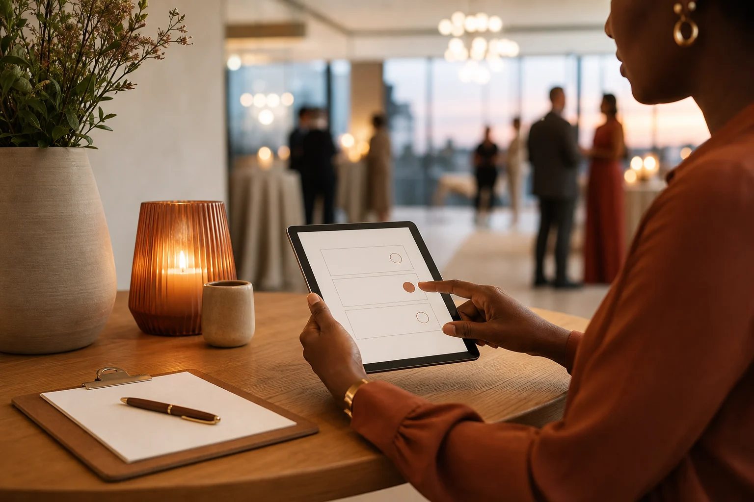 Event organiser reviewing simple consent choices on a tablet before guests arrive