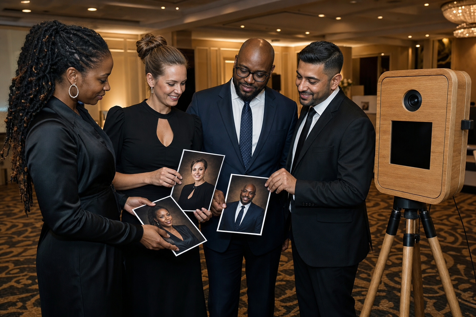 Colleagues viewing AI portrait prints at a polished corporate event in Gauteng