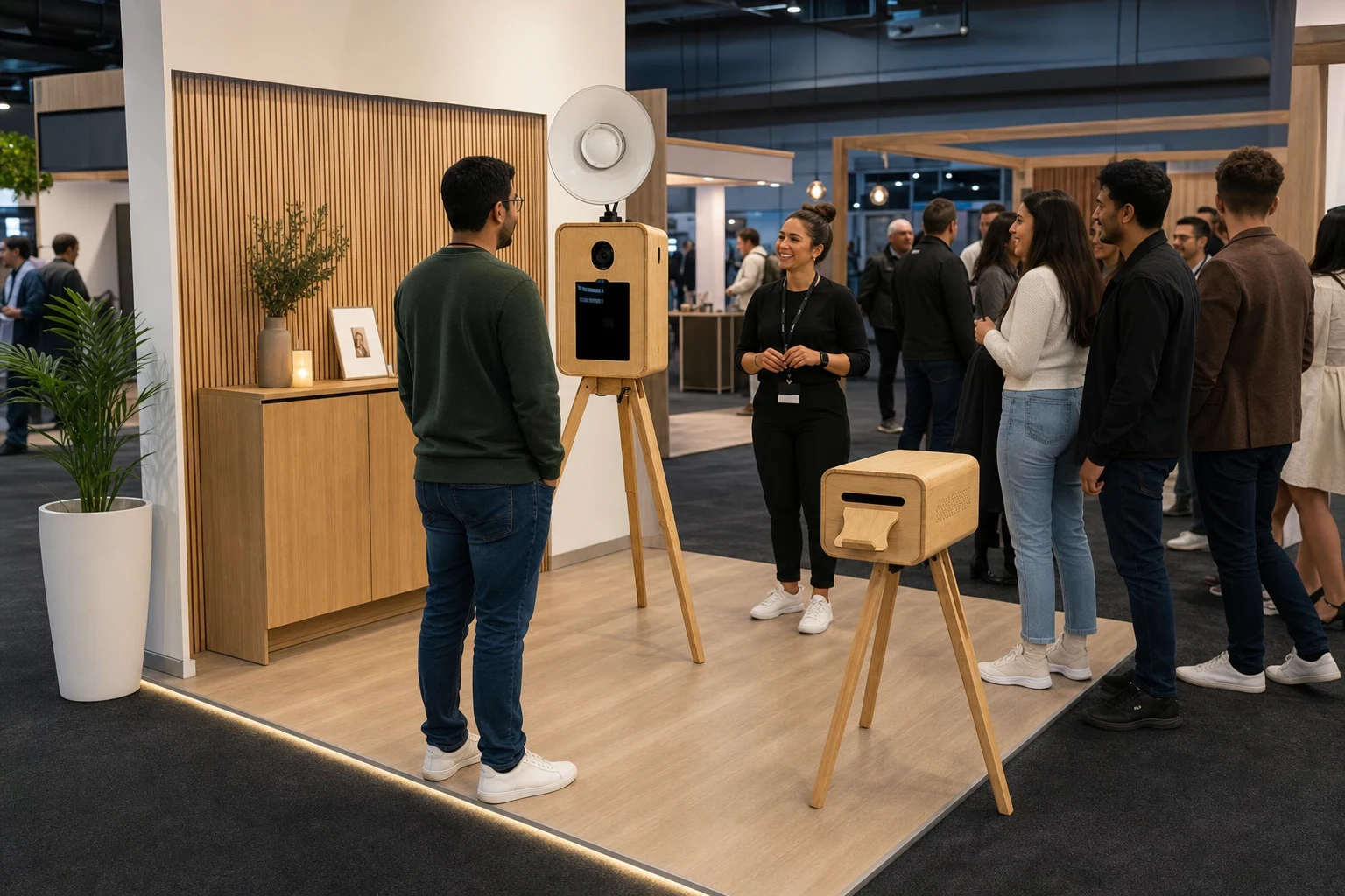 Expo visitor facing the front camera and portrait screen while a host manages the queue