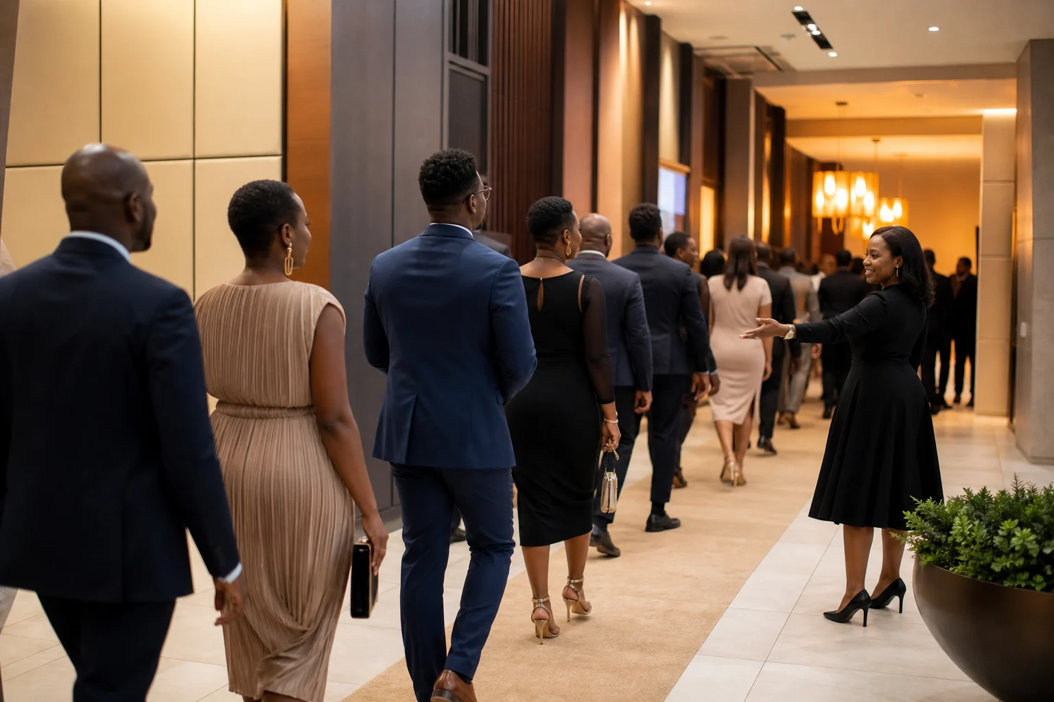 Event host directing guests along a clear reception queue in a warm venue corridor