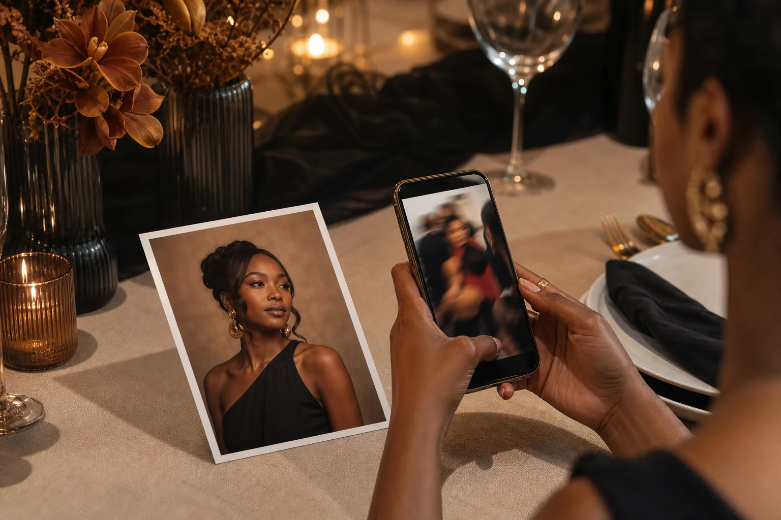 Portrait print beside a guest's phone showing a blurred moving event clip