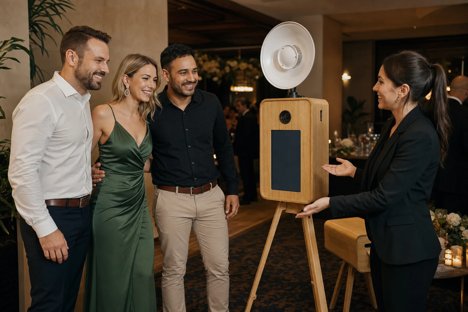 Colleagues facing the front camera and portrait screen for a year-end function photograph