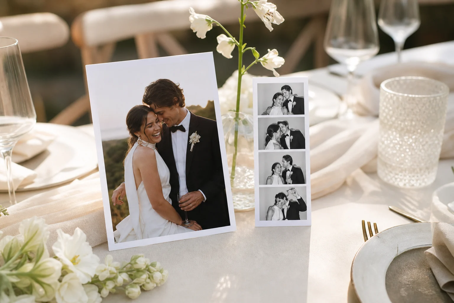 Elegant AI portrait print beside a familiar wedding photo strip on a reception table