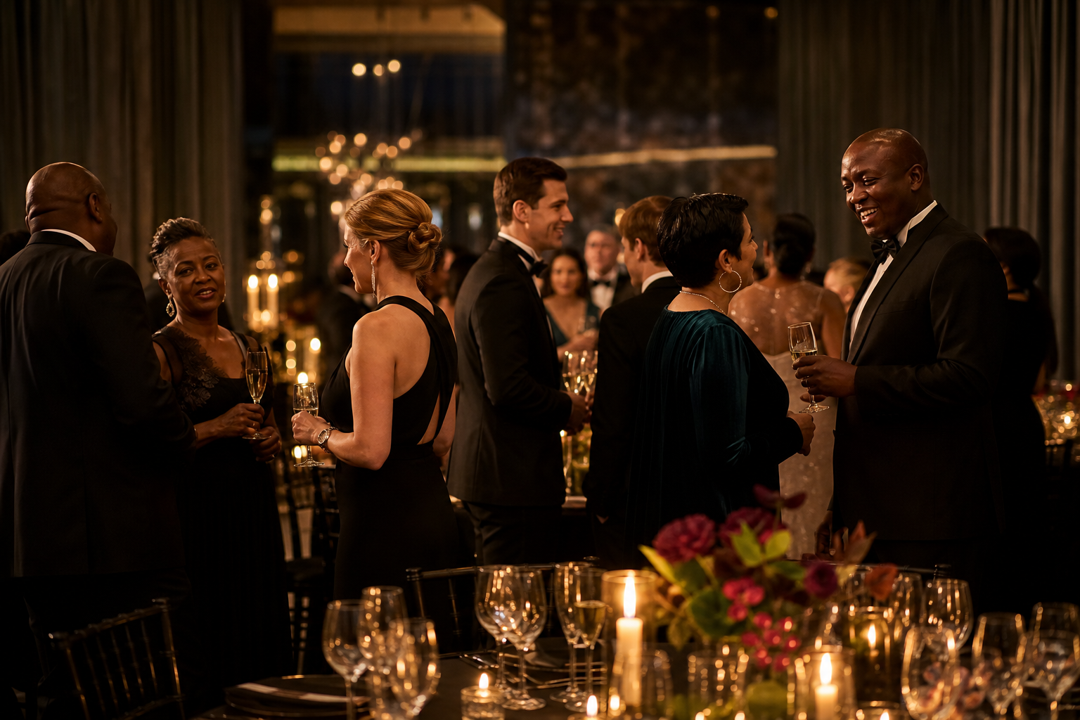 Guests in formal eveningwear talking at a corporate awards dinner reception