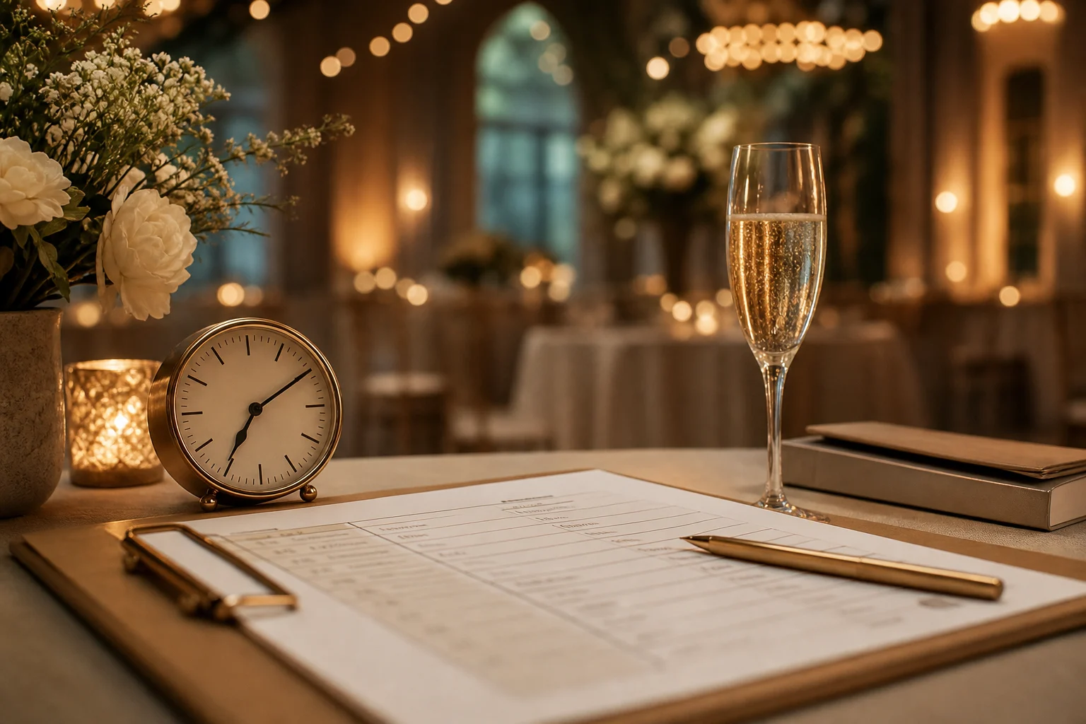 Wedding reception run sheet and clock on a table before cocktail hour