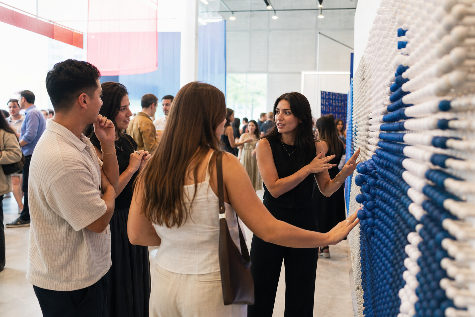 Guests interacting with a tactile brand activation at a bright modern event
