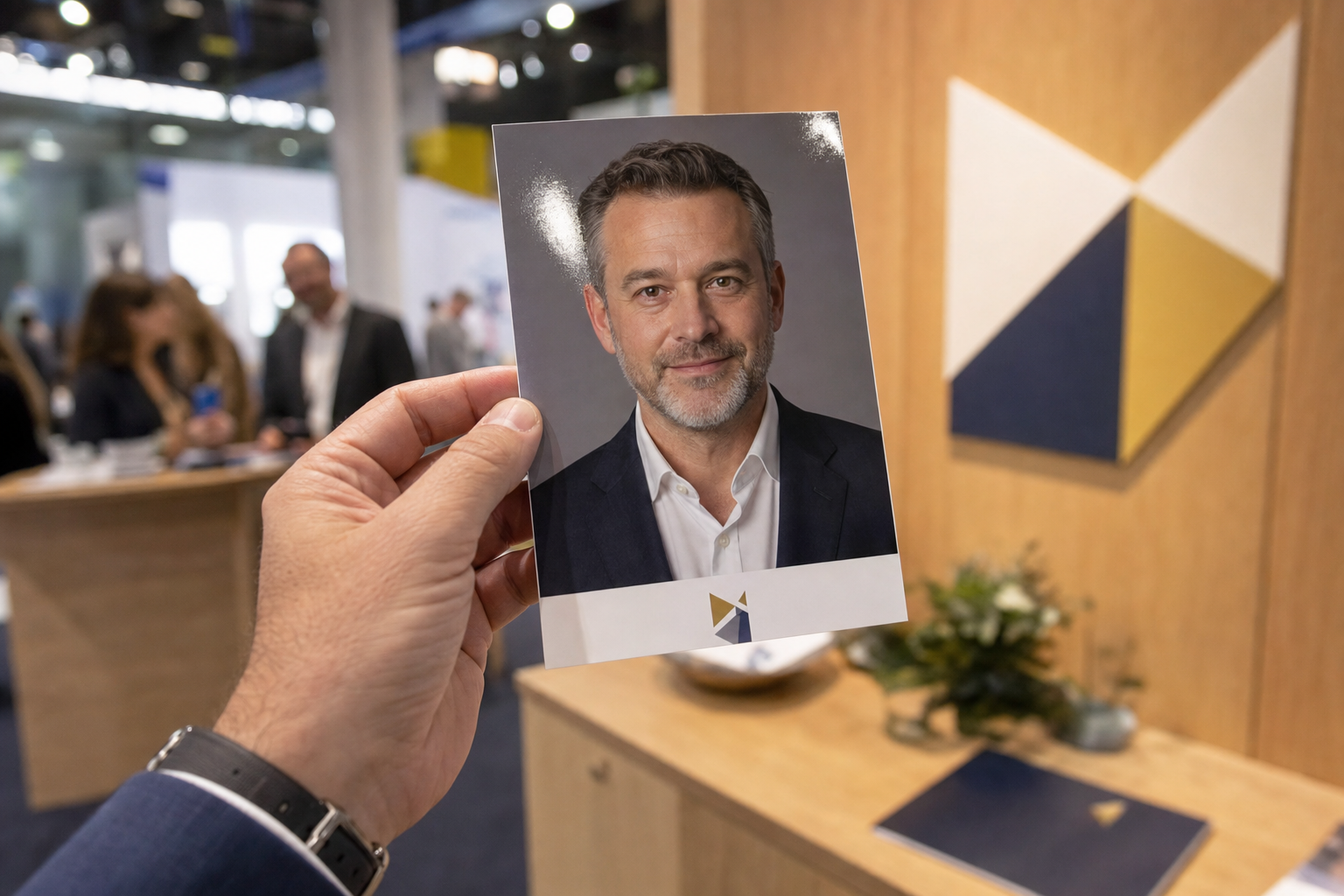 A guest holding a tasteful branded AI portrait print at a corporate event