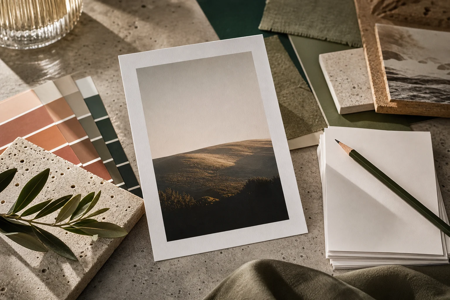 Campaign print concept beside colour swatches and blank card stock on a design table