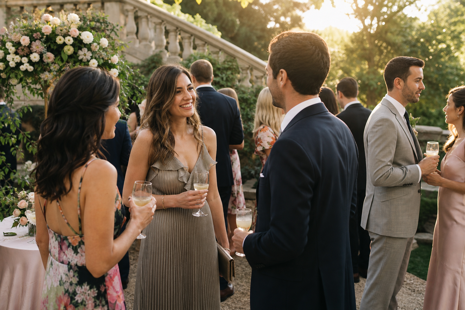 Wedding guests enjoying drinks and conversation during cocktail hour