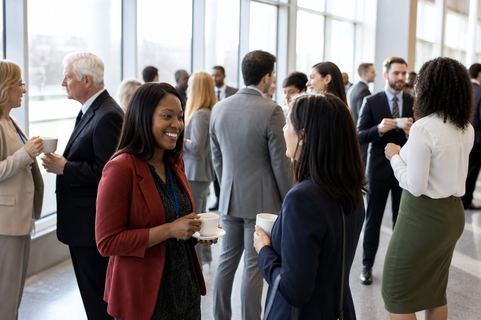 Conference delegates networking during a bright refreshment break
