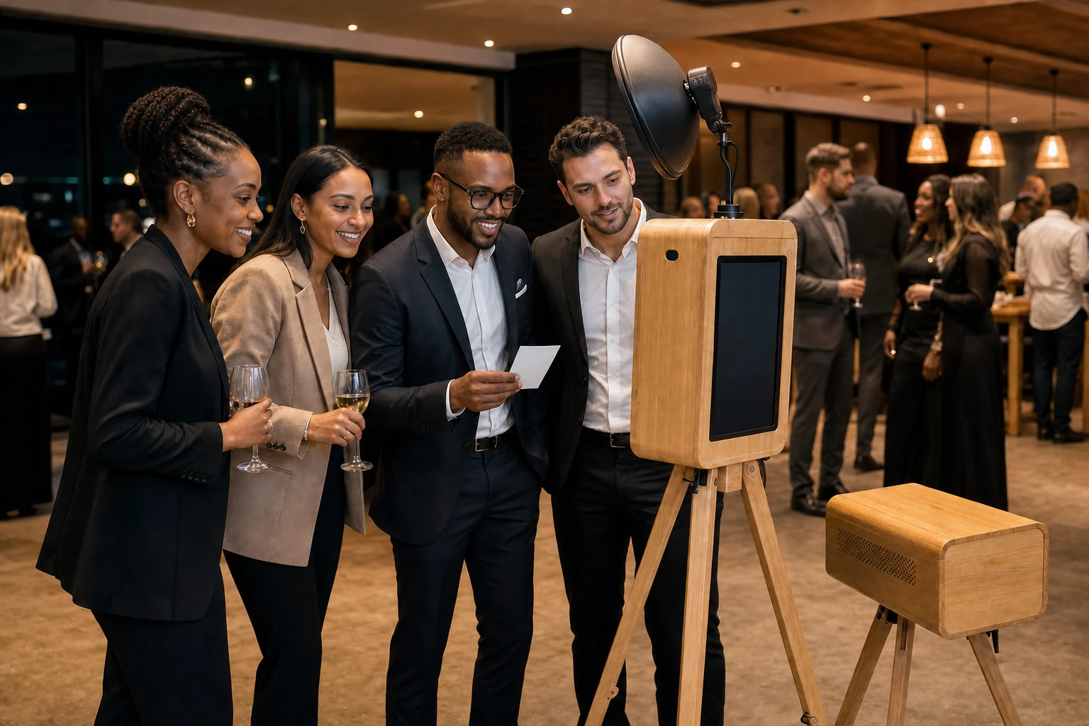Corporate guests reviewing the larger rear screen while one guest holds a portrait facing the group