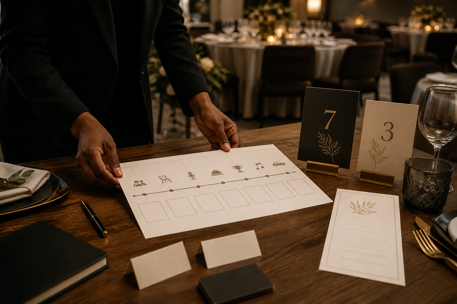 Event planner reviewing a corporate dinner run sheet beside seating cards and place settings
