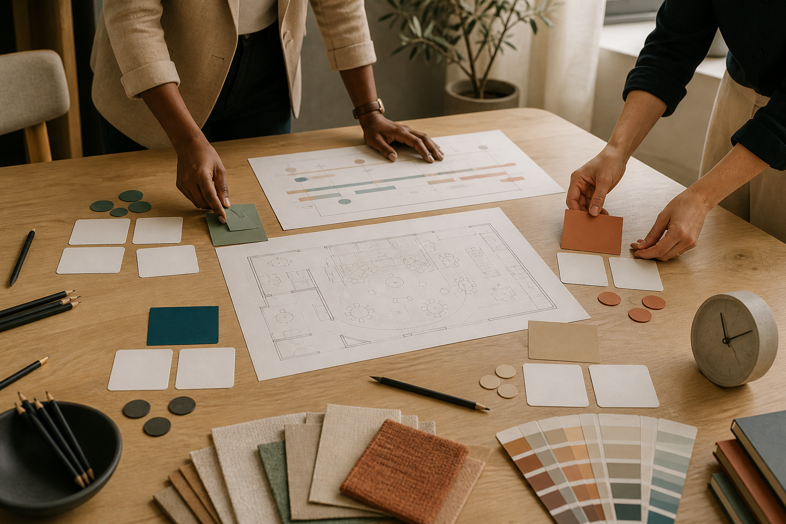 Event planners arranging activity cards, a floor plan and timing notes for a corporate event