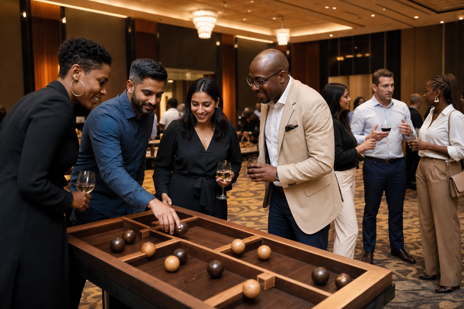 Professionals enjoying a tabletop game during a corporate networking event