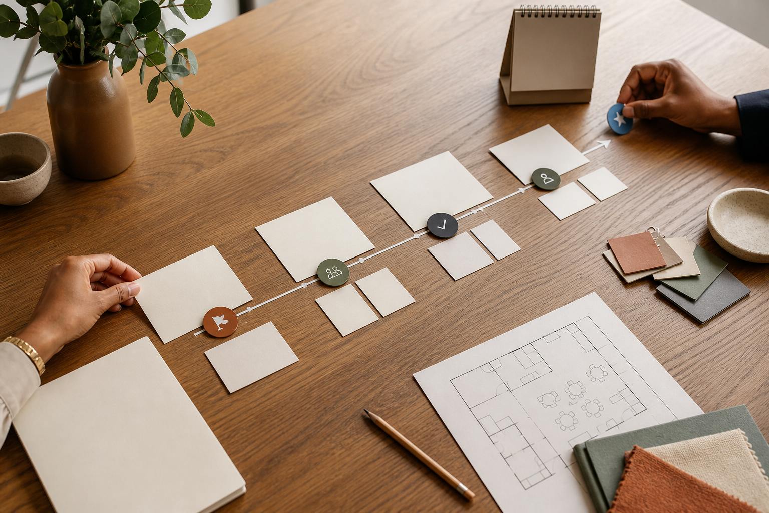 Corporate event planners arranging a timeline, event brief, floor plan and supplier handoff notes on a warm oak table
