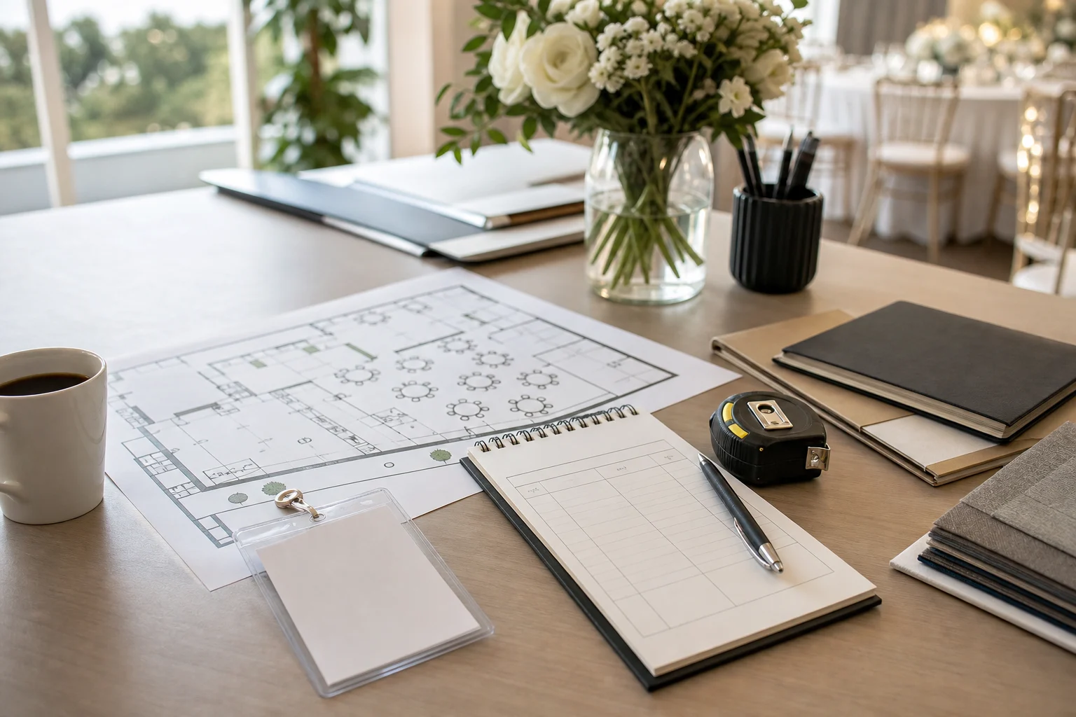 Corporate event floor plan, checklist, venue access pass and tape measure on a planner's desk