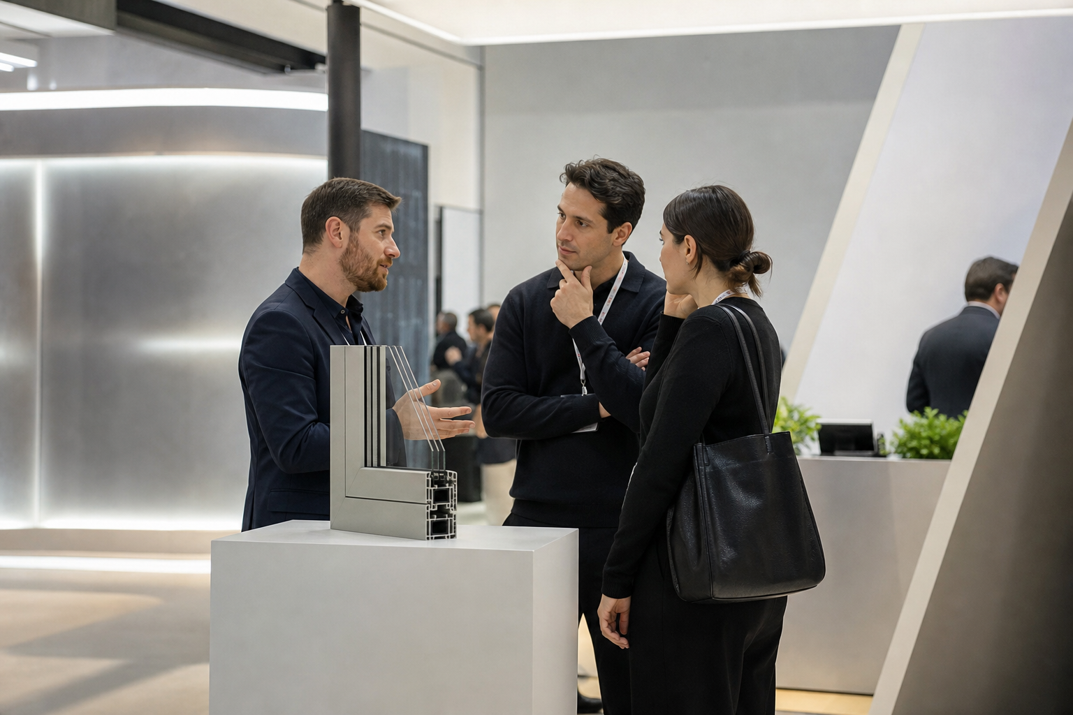 Visitors speaking with staff at a clean modern exhibition stand