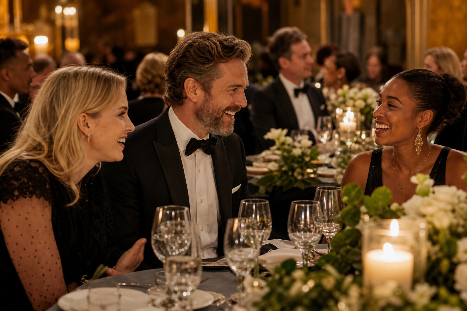 Formal guests seated at an elegant gala dinner table under warm lighting