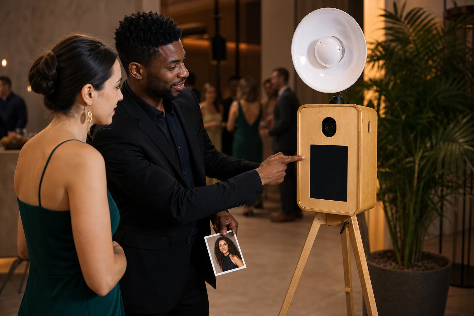 Guest selecting a campaign portrait style on the front screen of an AI photo booth