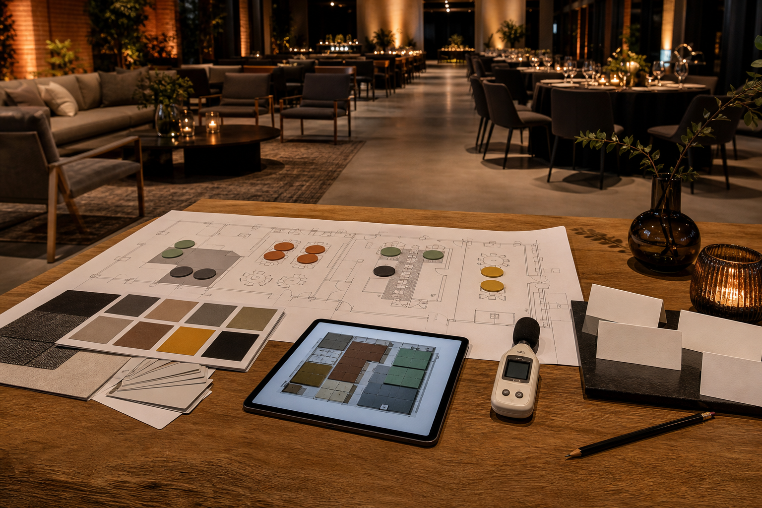 Indoor function floor plan, zone markers, lighting swatches and sound meter on a planning table