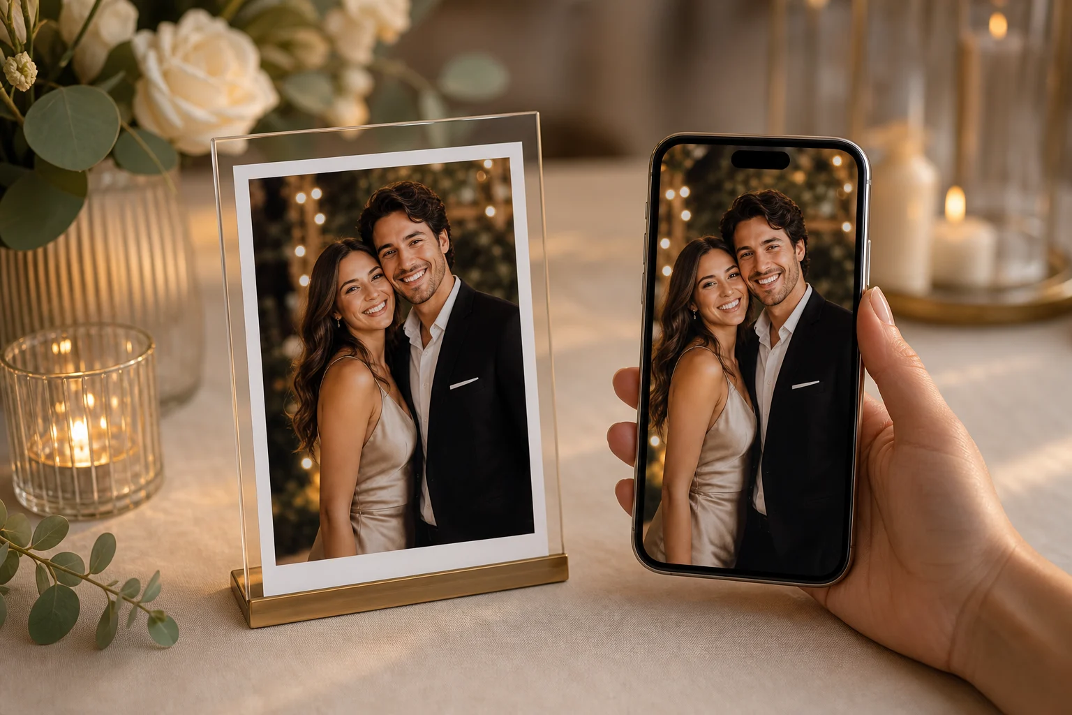 Wedding portrait print beside the same portrait on a guest's phone