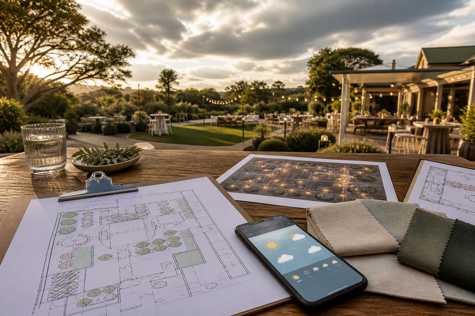 Outdoor event floor plans, lighting notes and a weather forecast arranged on a planning table