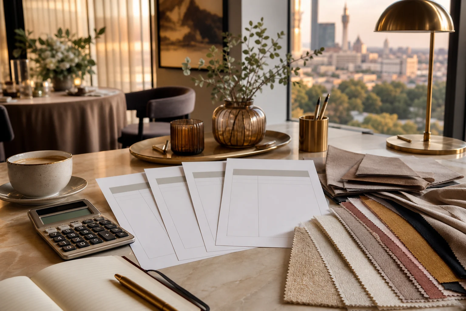 Event-planning desk with blank quote sheets, calculator and fabric swatches