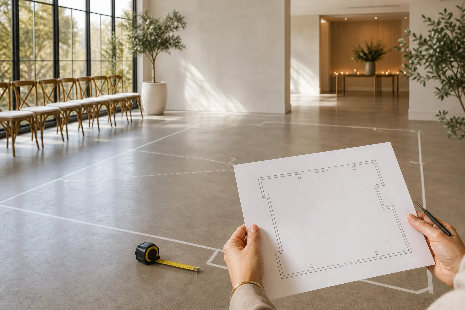 Event planner measuring a clear open floor area while reviewing a simple venue layout