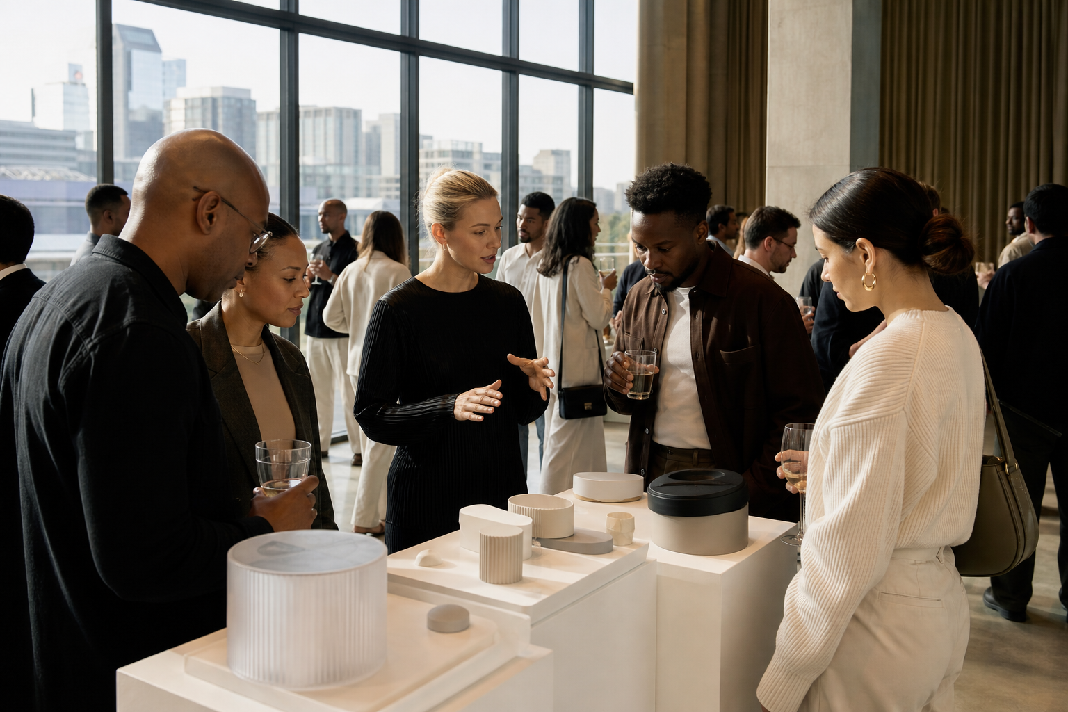 Guests exploring a refined product display at a modern launch event