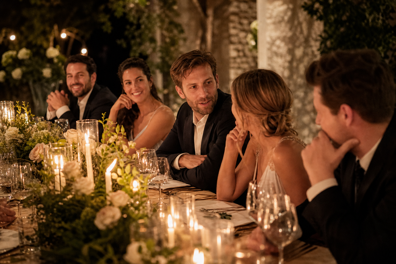 Intimate wedding guests chatting at a candlelit dinner reception