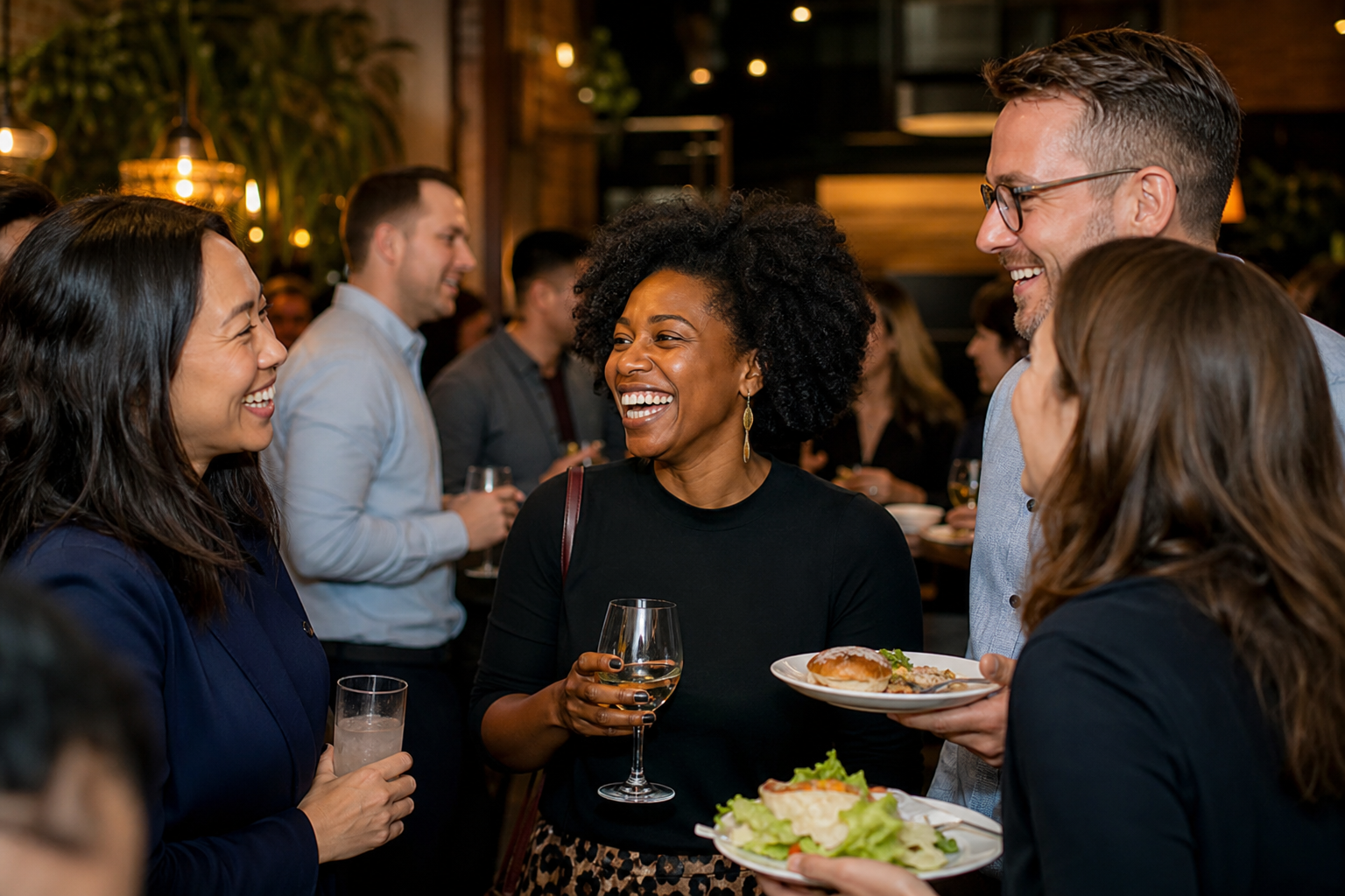 Colleagues laughing together at an informal company celebration