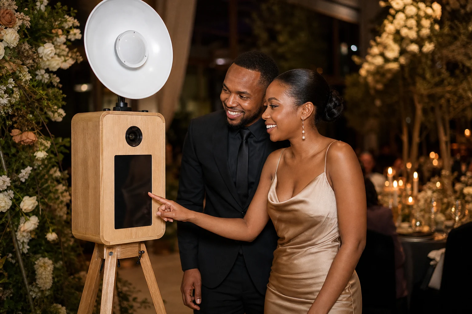 Two wedding guests choosing an AI portrait style on the front of the oak photo booth
