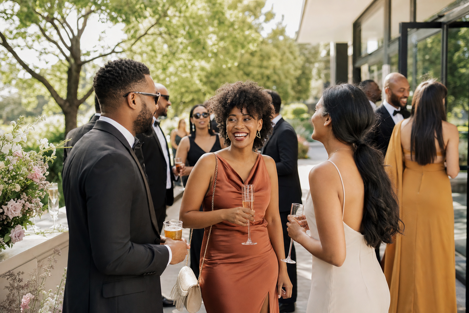Wedding guests chatting and laughing at a reception drinks hour