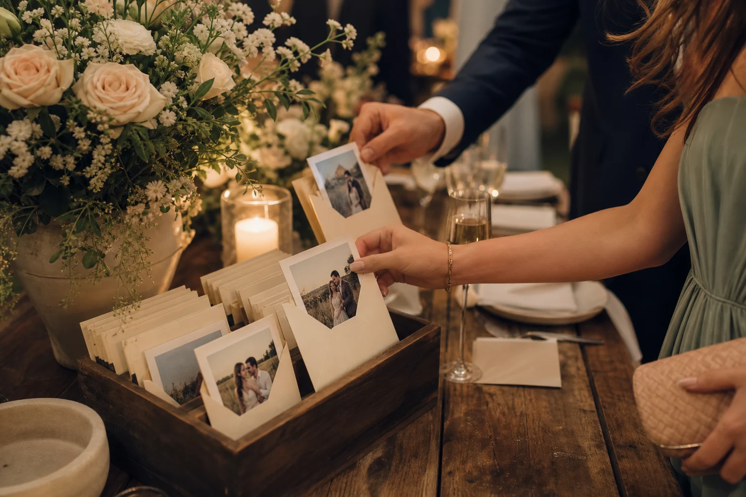 Wedding guests choosing personalised portrait keepsakes from cream envelopes at a reception table