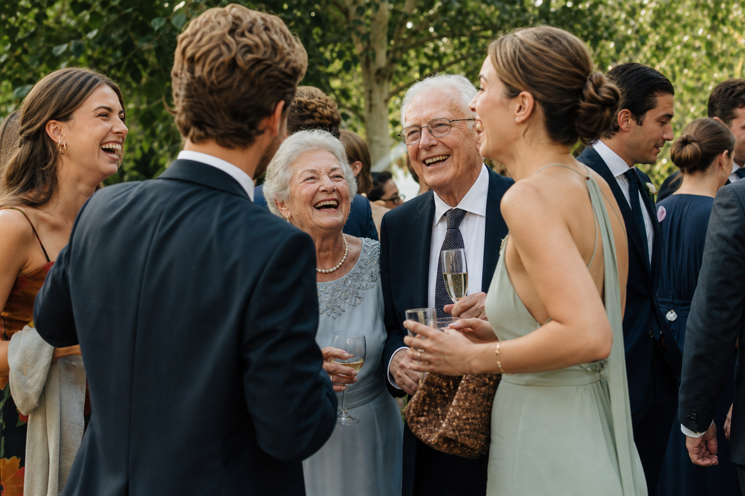 Wedding guests of different ages laughing together at an outdoor reception