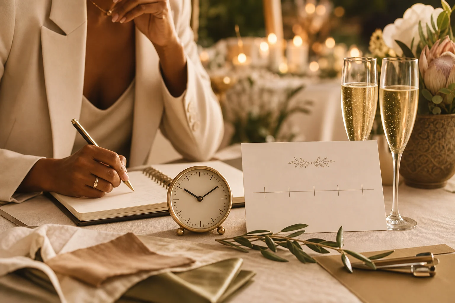 Wedding planner working through a reception timeline beside an analogue clock
