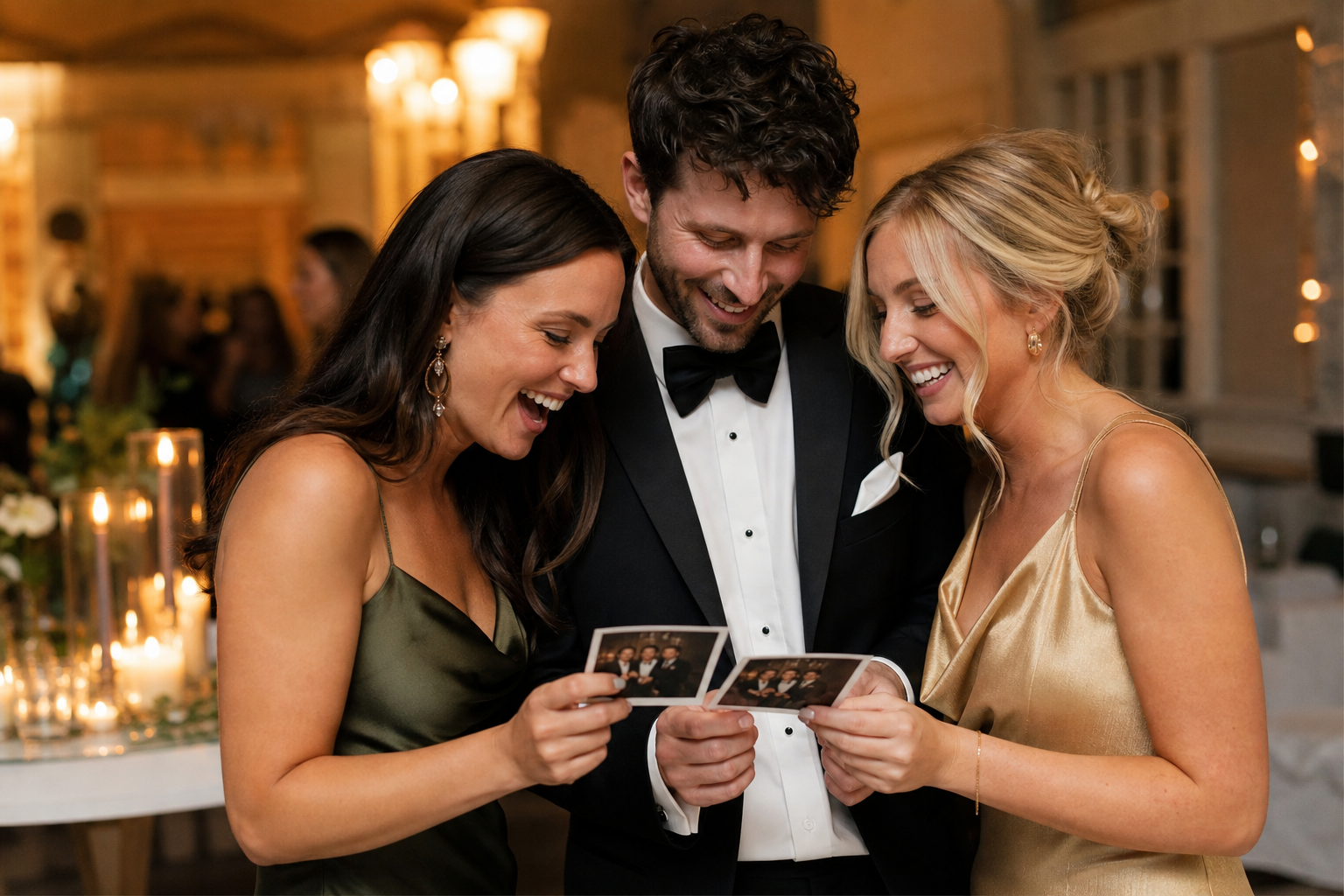 Wedding guests holding elegant portrait prints at a reception
