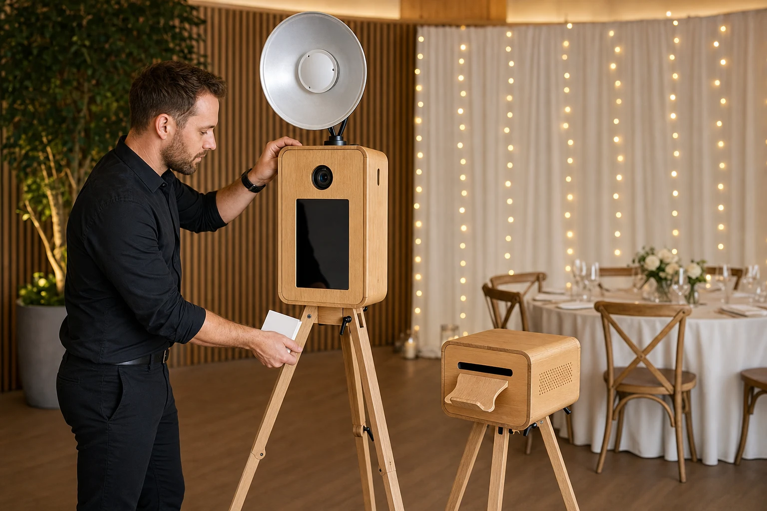 Host preparing the front camera and portrait screen beside the separate oak printer housing
