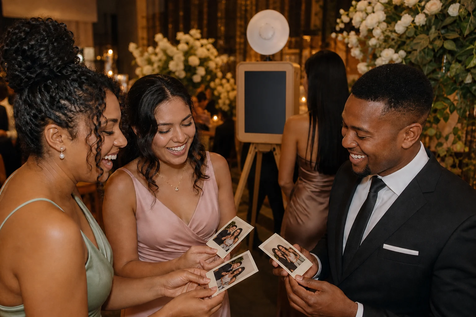 Wedding guests comparing portrait prints while another guest views results on the larger rear screen