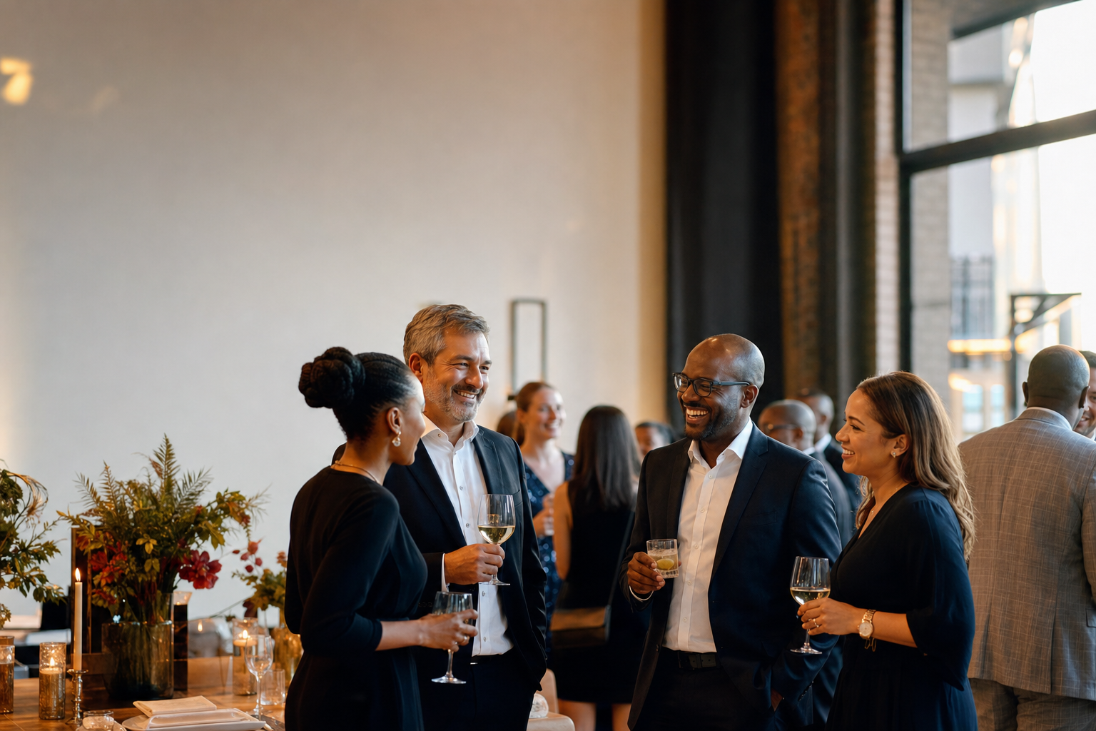 Colleagues talking at a warm corporate year-end drinks reception