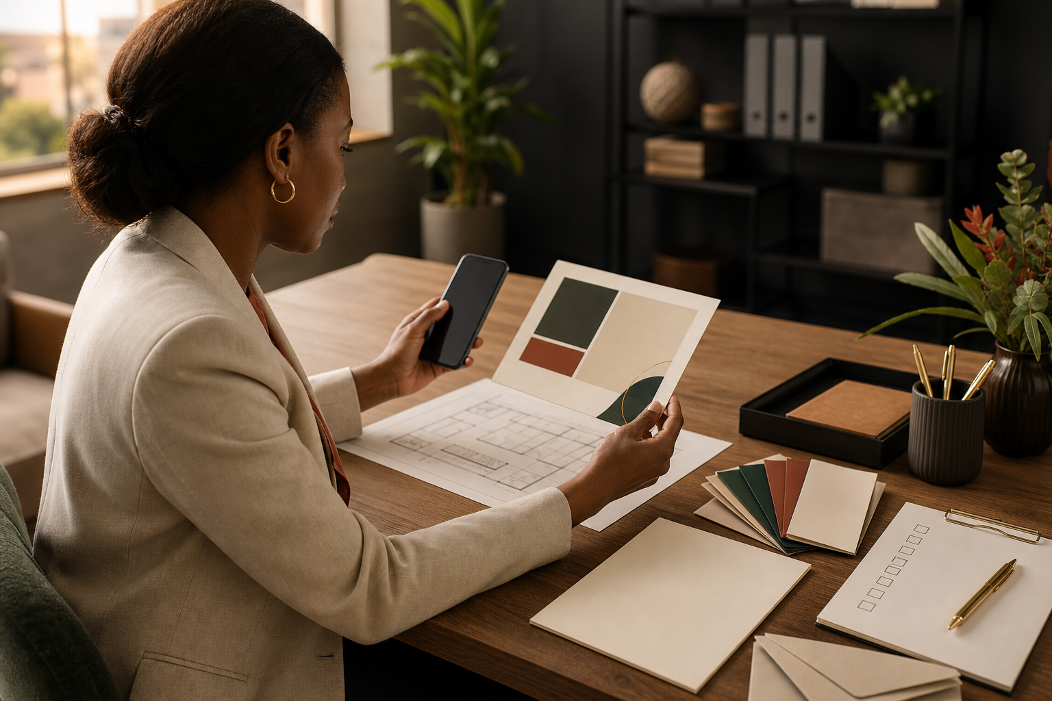 Corporate event organiser reviewing invitation stationery, a phone, floor plan and RSVP checklist