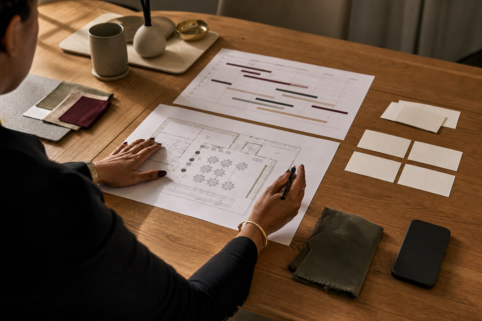 Event planner arranging a run sheet, floor plan and blank place cards on a desk
