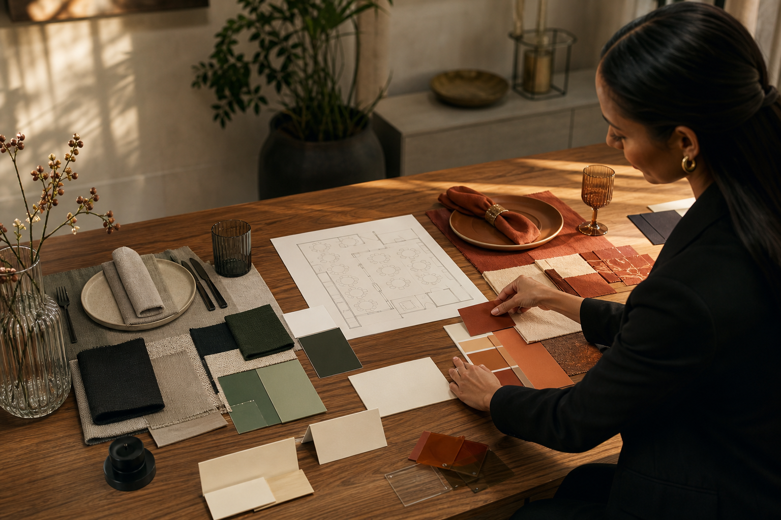 Event planner comparing colour and fabric swatches beside a floor plan and two place settings